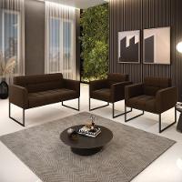 Kit 1 Sofá Namoradeira E 2 Poltronas Elisa Suede Base Metálica Industrial Preto - D'rossi Cor Marrom