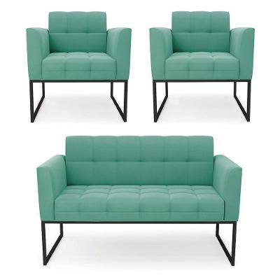 Kit 1 Sofá Namoradeira E 2 Poltronas Suede Base Metálica Industrial Preto - D'rossi Turquesa