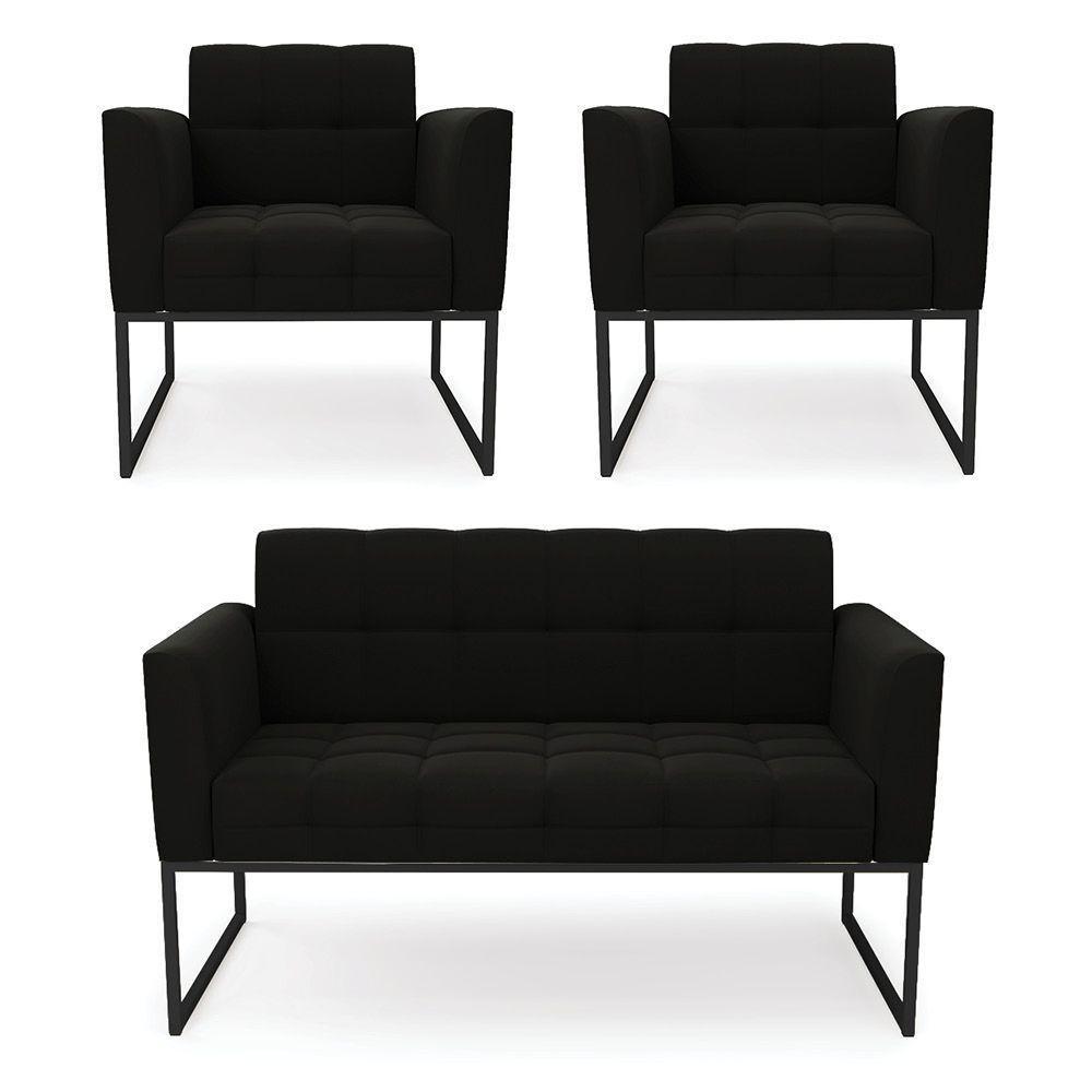 Kit 1 Sofá Namoradeira E 2 Poltronas Elisa Suede Base Metálica Industrial Preto - D'rossi Cor Preto - 1