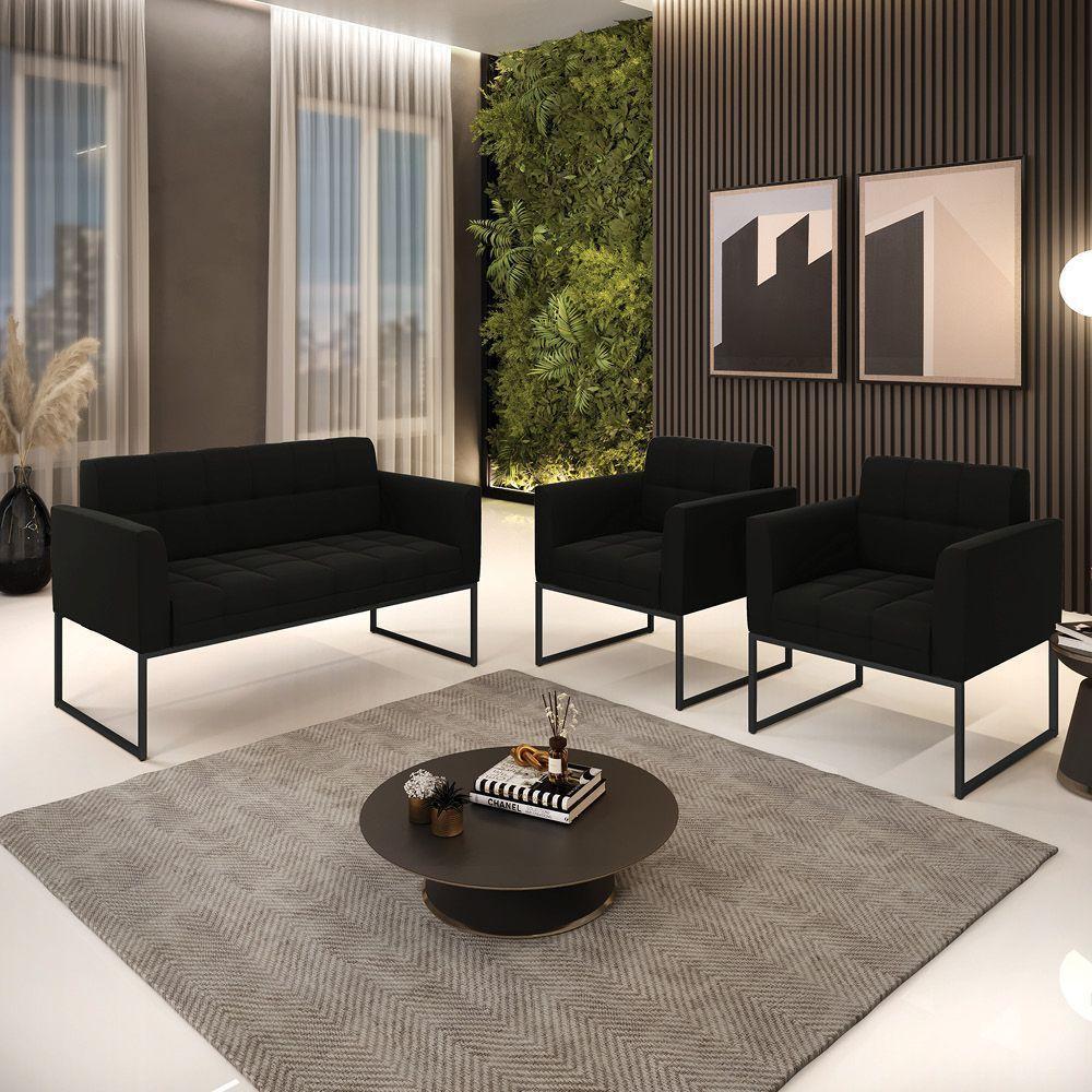 Kit 1 Sofá Namoradeira E 2 Poltronas Elisa Suede Base Metálica Industrial Preto - D'rossi Cor Preto - 7