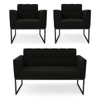 Kit 1 Sofá Namoradeira E 2 Poltronas Elisa Suede Base Metálica Industrial Preto - D'rossi Cor Preto - 1