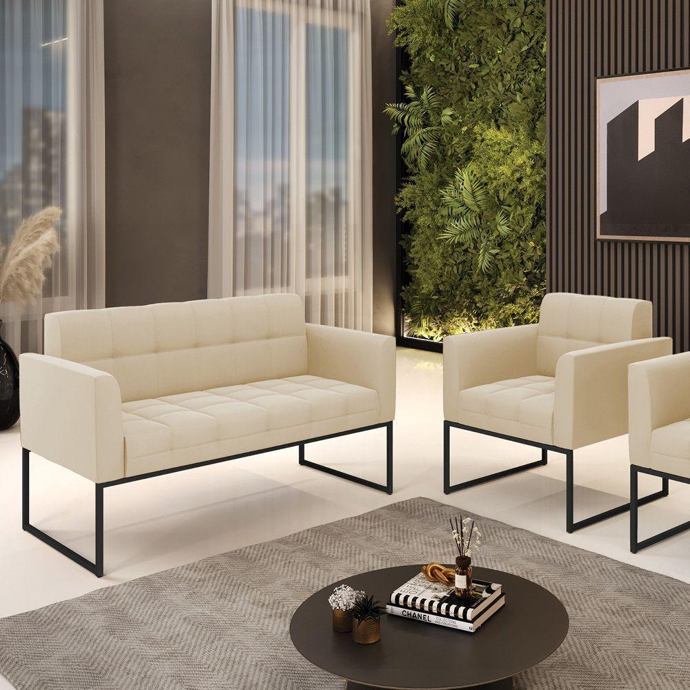 Kit 1 Sofá Namoradeira E 1 Poltrona Elisa Suede Bege Base Metálica Industrial Preto - D'rossi - 6