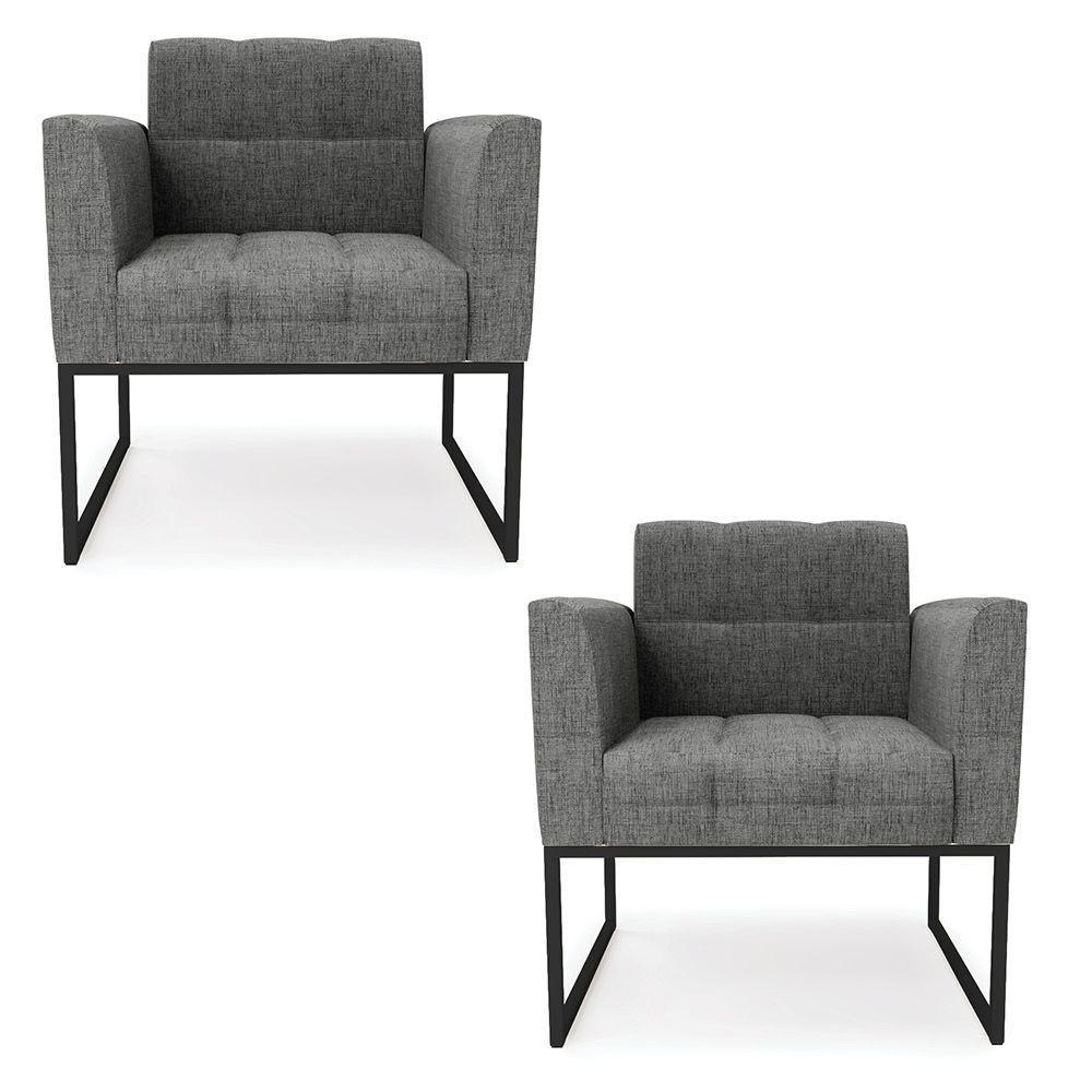 Kit 2 Poltronas Elisa Linho Grafite A26 Base Metálica Industrial Preto - D'rossi - 1