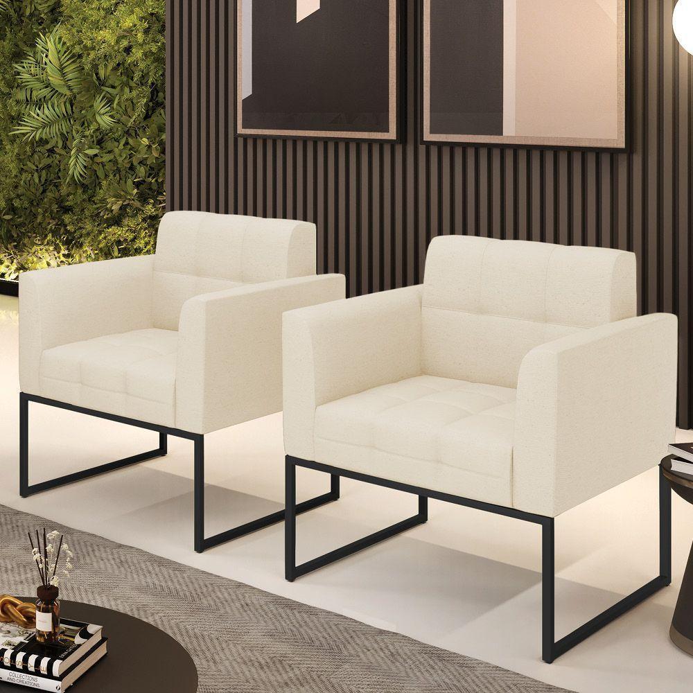 Kit 2 Poltronas Elisa Linho Base Metálica Industrial Preto - D'rossi Cor A19 Bege - 8