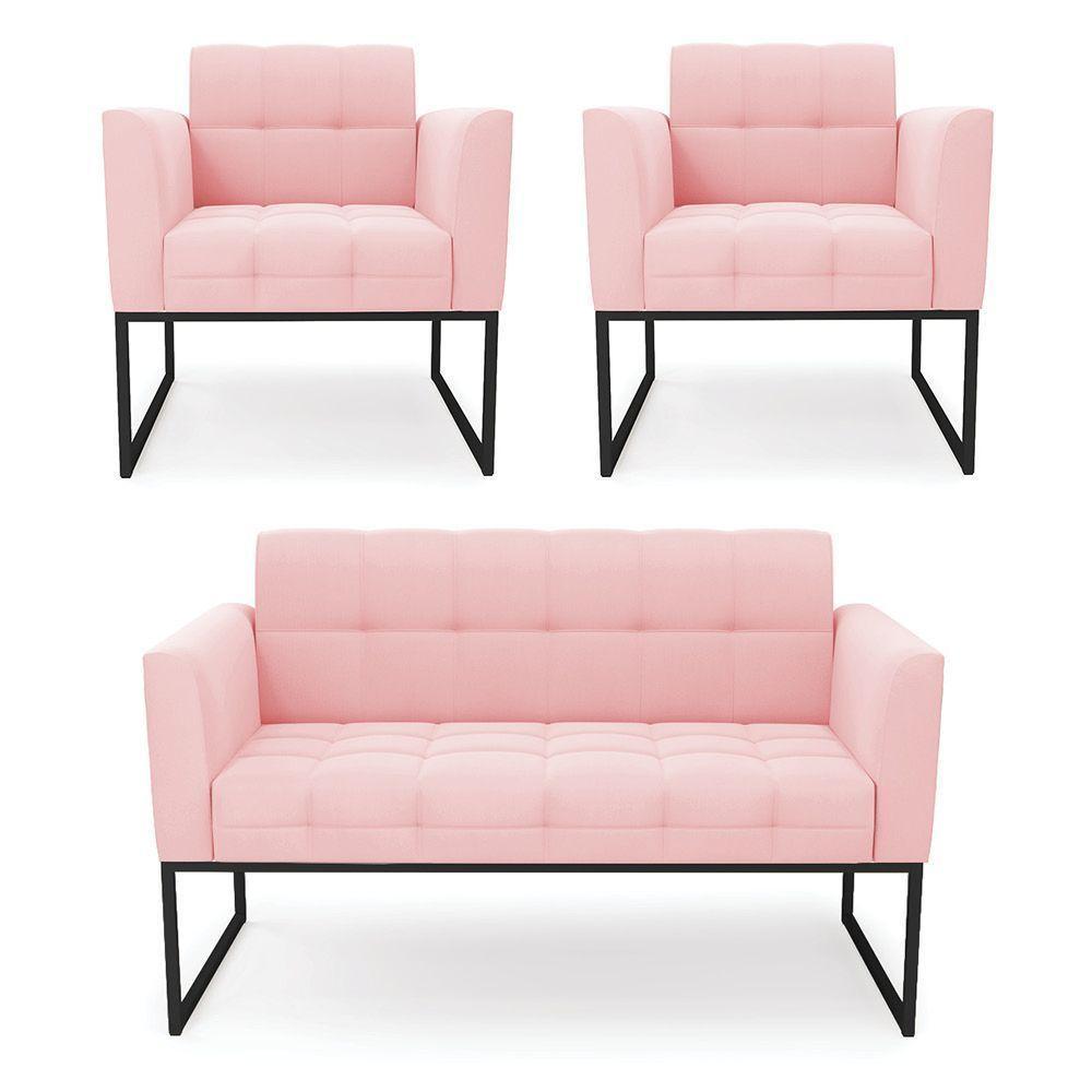 Kit 1 Sofá Namoradeira E 2 Poltronas Suede Base Metálica Industrial Preto - D'rossi Cor Rosa Bebê - 1
