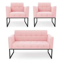 Kit 1 Sofá Namoradeira E 2 Poltronas Suede Base Metálica Industrial Preto - D'rossi Cor Rosa Bebê - 1