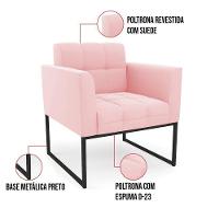 Kit 1 Sofá Namoradeira E 2 Poltronas Suede Base Metálica Industrial Preto - D'rossi Cor Rosa Bebê