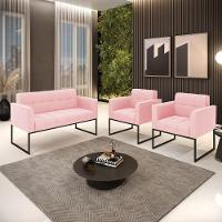 Kit 1 Sofá Namoradeira E 2 Poltronas Suede Base Metálica Industrial Preto - D'rossi Cor Rosa Bebê - 8