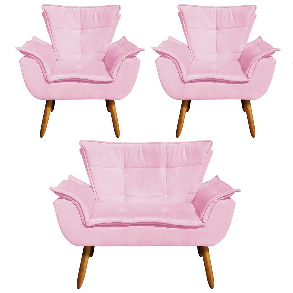 Kit 01 Namoradeira 02 Poltronas Suede Rosa Bebê - 6