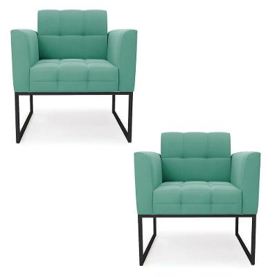 Kit 2 Poltronas Elisa Suede Base Metálica Industrial Preto - D'rossi Cor Azul Turquesa