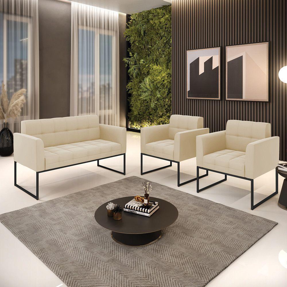 Kit 1 Sofá Namoradeira E 2 Poltronas Elisa Suede Base Metálica Industrial Preto - D'rossi Cor Bege - 3