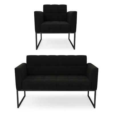 Kit 1 Sofá Namoradeira E 1 Poltrona Elisa Suede Preto Base Metálica Industrial Preto - D'rossi