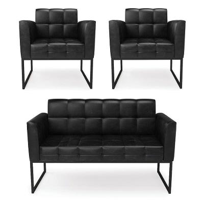 Kit 1 Sofá Namoradeira E 2 Poltronas Elisa Corano Base Metálica Industrial Preto - D'rossi Cor Preto