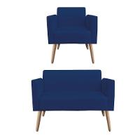 Kit 1 Namoradeira E 1 Poltrona Marisa Suede Azul Marinho