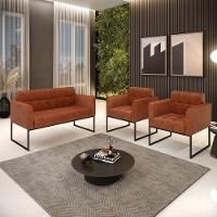 Kit 1 Sofá Namoradeira E 2 Poltronas Elisa Corano Nozes Base Metálica Industrial Preto - D'rossi - 2