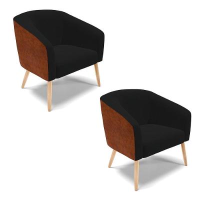 Kit 02 Poltronas Corano Nozes Com Linho Preto Pés Palito