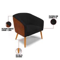 Poltrona Corano Nozes Com Linho Preto Pés Palito Castanho - 3