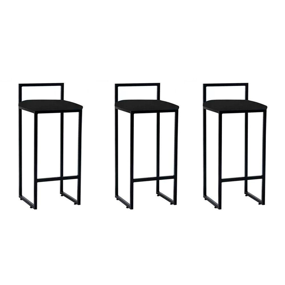 Kit 3 Banquetas Industriais Em Aço Preta Assento Preto Preto - 1