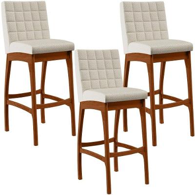 Kit 3 Banquetas Altas Mila B04 Assento em Linho Base Fixa com Encosto Bege