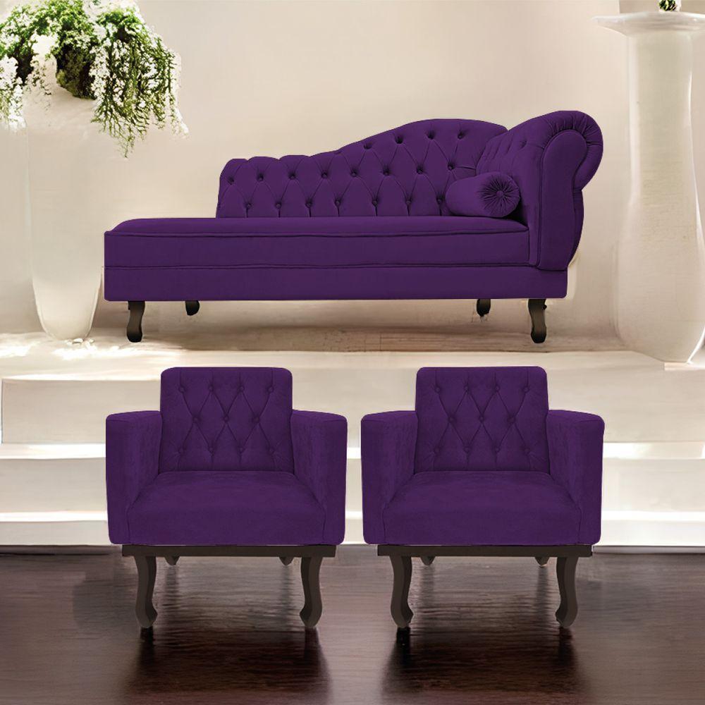 Kit Diva Recamier Diana 185Cm Lado Esquerdo E 02 Poltronas Classic Suede Roxo - 10