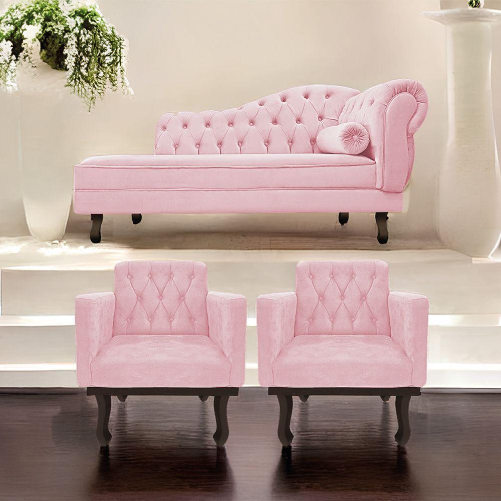 Kit Diva Recamier Diana 185Cm Lado Esquerdo E 02 Poltronas Classic Suede Rosa Bebê - 1