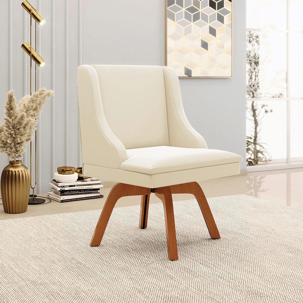 Poltrona Base Giratória De Madeira Veludo Bege/Natural - 8