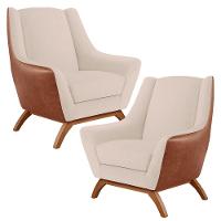 Kit 02 Poltronas Base Em Madeira Camel B-14 Linho Bege C-107 - 1