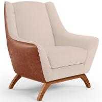 Kit 02 Poltronas Base Em Madeira Camel B-14 Linho Bege C-107 - 7