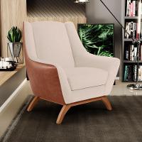 Kit 02 Poltronas Base Em Madeira Camel B-14 Linho Bege C-107 - 8