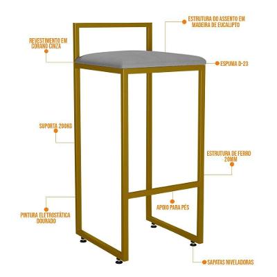 Kit 02 Banquetas Alta para Cozinha Hanna L02 Assento Courino Estrutura Ferro Fixa Dourado Cinza