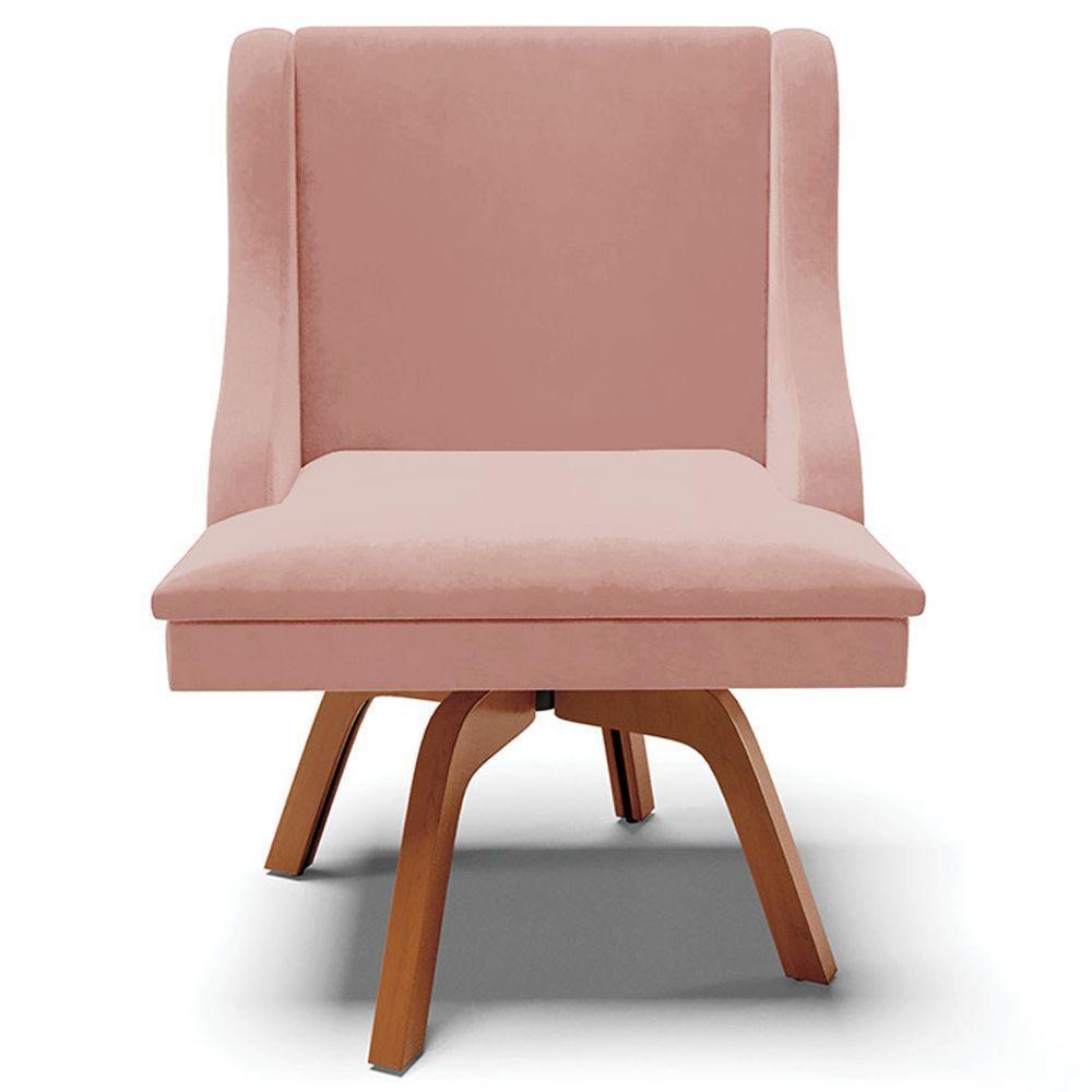 Poltrona Base Giratória De Madeira Veludo Rosê/Natural - 3