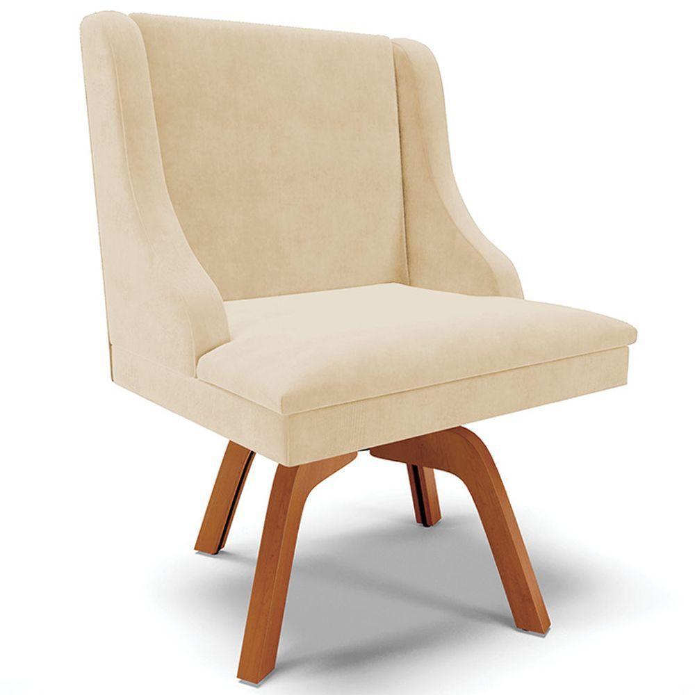 Poltrona Base Giratória De Madeira Suede Bege/Natural - 1