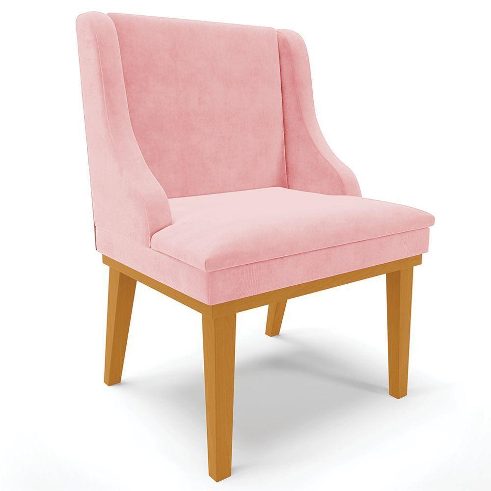 Poltrona Base Fixa De Madeira Suede Rosa Bebê/Castanho - 1