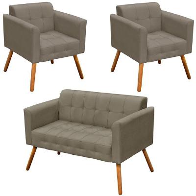 Conjunto 2 Poltronas E 1 Namoradeira Pés Palito Suede Nude