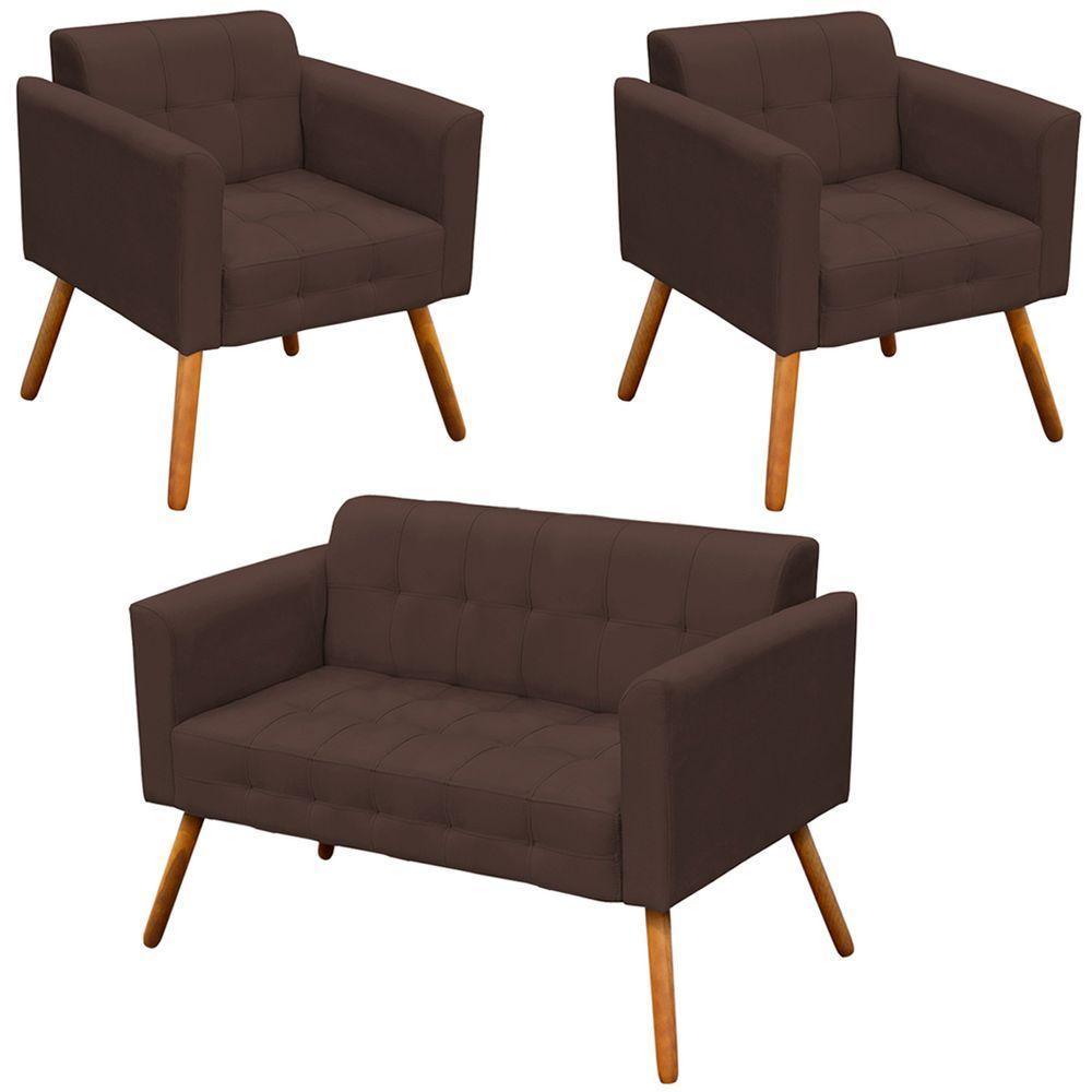 Conjunto 2 Poltronas E 1 Namoradeira Pés Palito Suede Marrom - 1