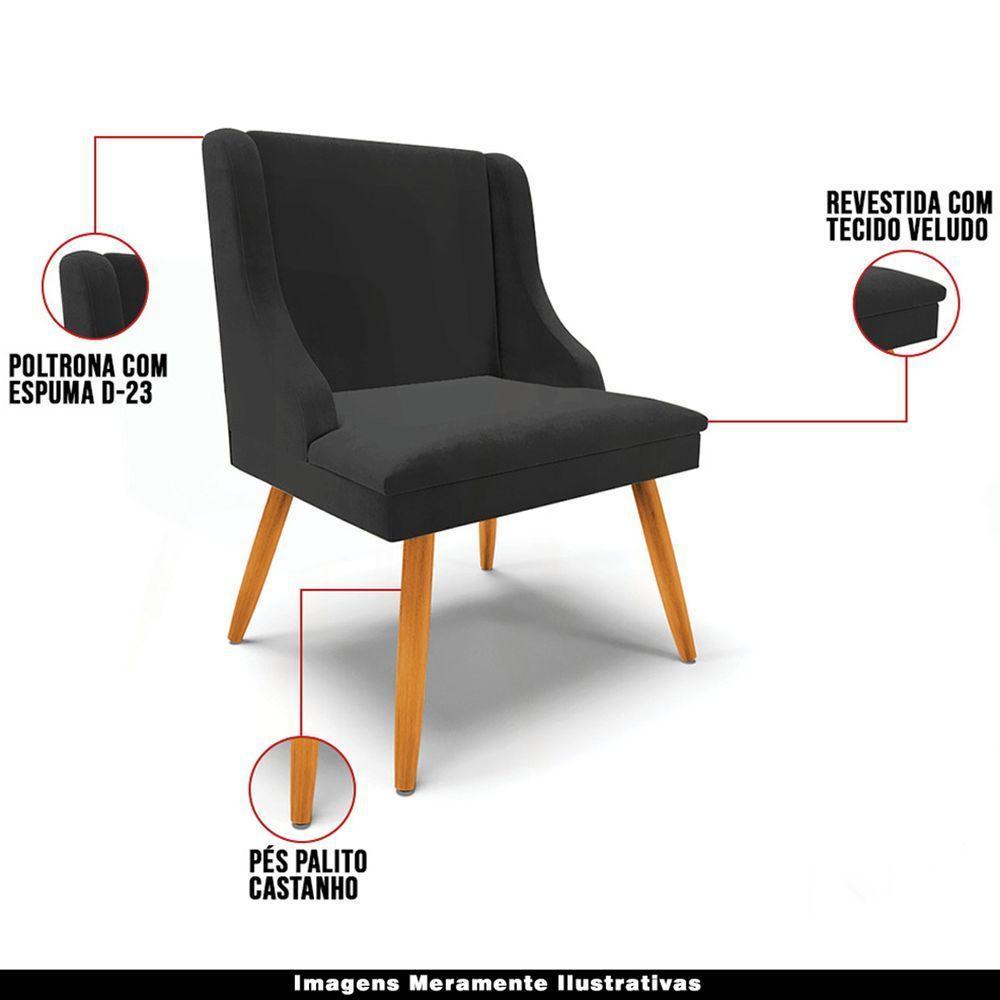 Kit 2 Poltronas Pés Palito De Madeira Veludo Preto/Natural - 7