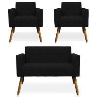 Conjunto 2 Poltronas E 1 Namoradeira Pés Palito Linho Preto - 1