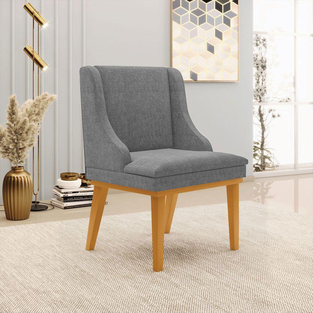 Kit 2 Poltronas Base Fixa De Madeira Linho Grafite/Castanho - 11