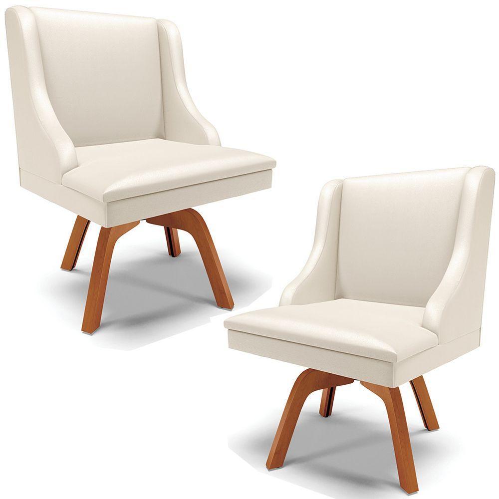 Kit 2 Poltronas Base Giratória De Madeira Pu Bege/Natural - 1