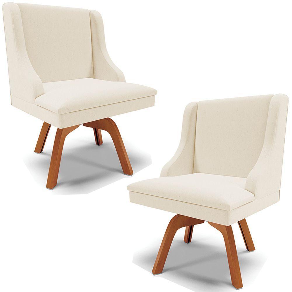 Kit 2 Poltronas Base Giratória De Madeira Linho Bege/Natural - 1