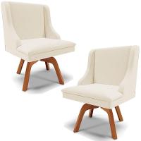 Kit 2 Poltronas Base Giratória De Madeira Linho Bege/Natural - 1