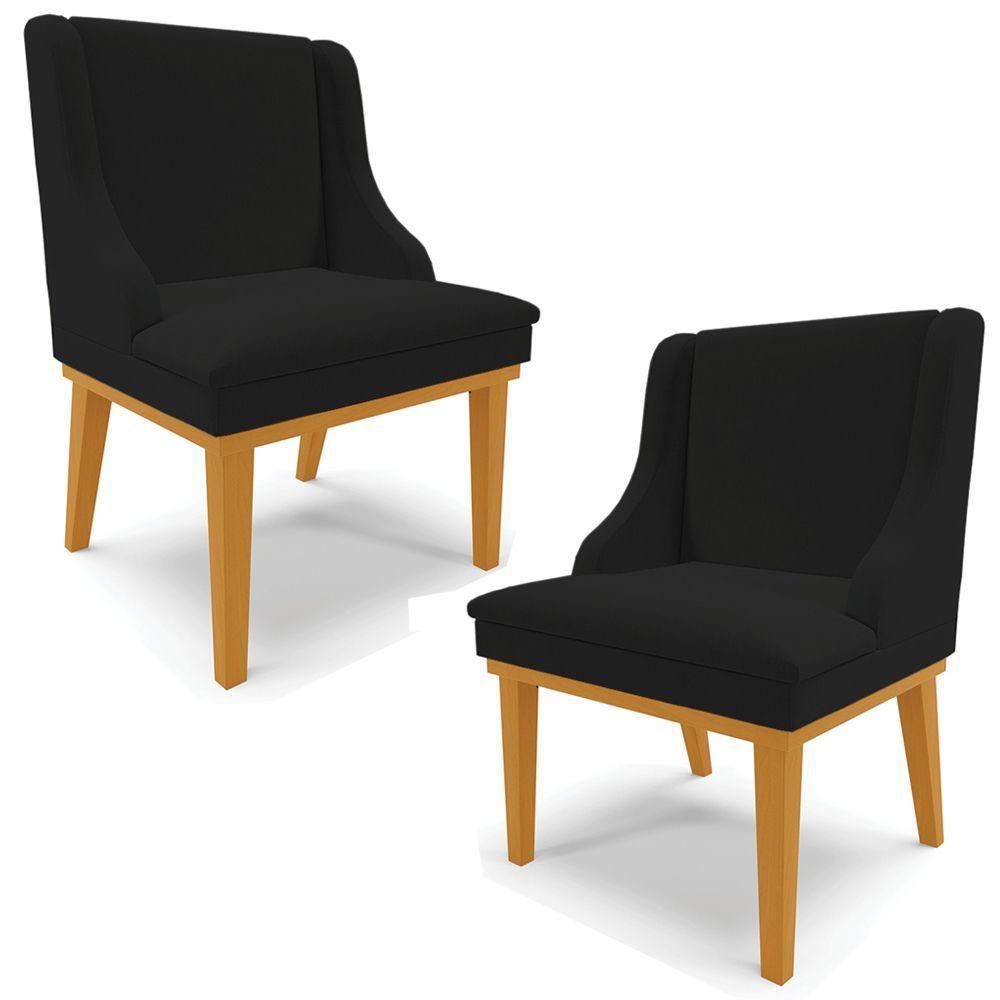 Kit 2 Poltronas Base Fixa De Madeira Linho Preto/Castanho - 1