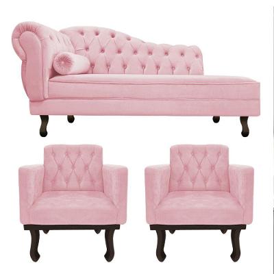 Kit Diva Recamier Diana 130Cm Lado Direito E 02 Poltronas Classic Suede Rosa Bebê