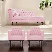 Kit Diva Recamier Diana 130Cm Lado Direito E 02 Poltronas Classic Suede Rosa Bebê - 7
