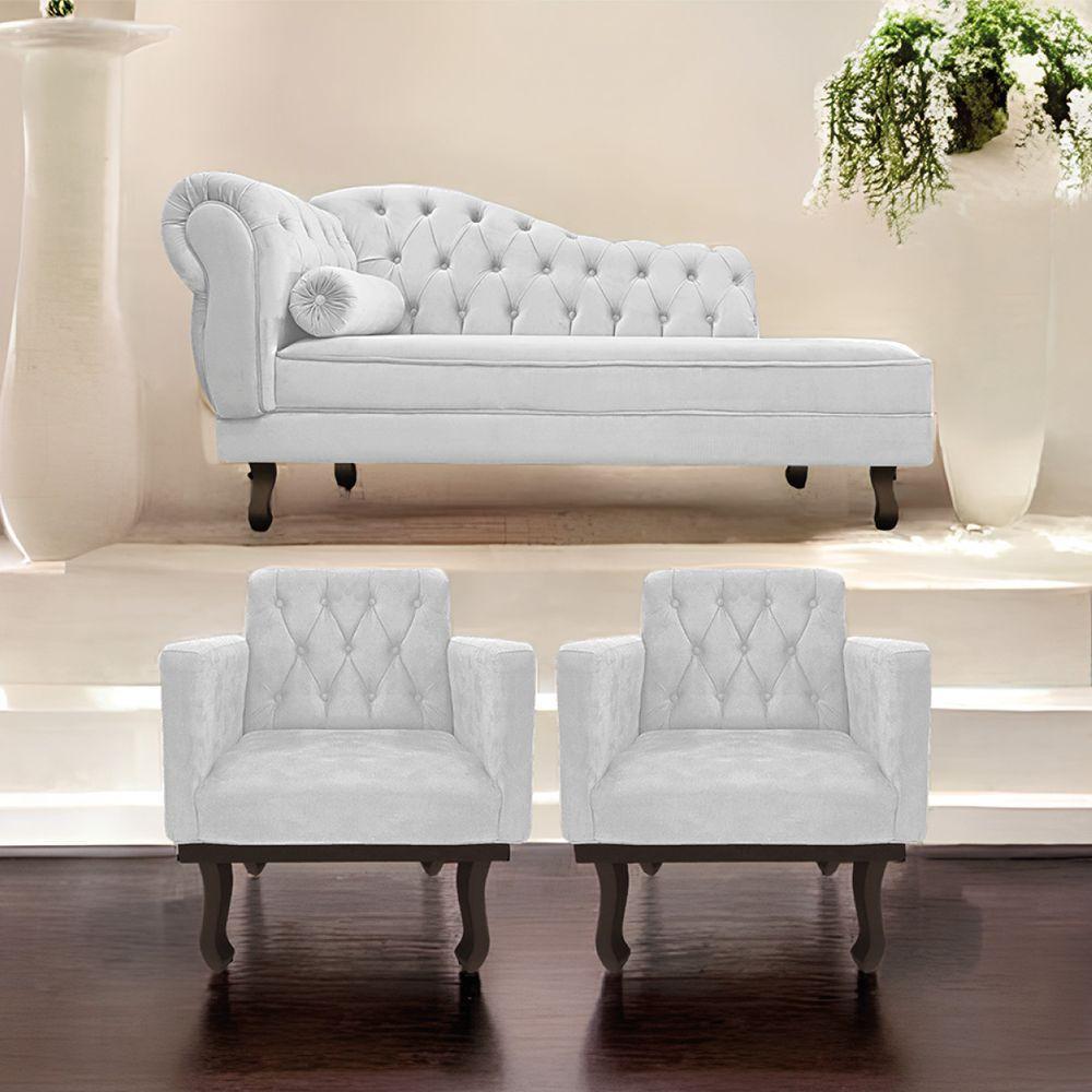 Kit Diva Recamier Diana 130Cm Lado Direito E 02 Poltronas Classic Suede Branco - 7