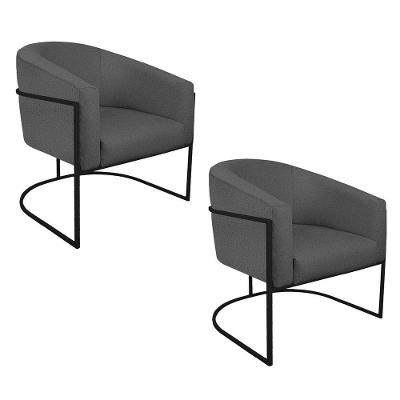 Kit 02 Poltronas Luiza Base De Ferro Preto Linho Cinza Escuro