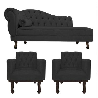 Kit Diva Recamier Diana 160Cm Lado Direito E 02 Poltronas Classic Corano Preto
