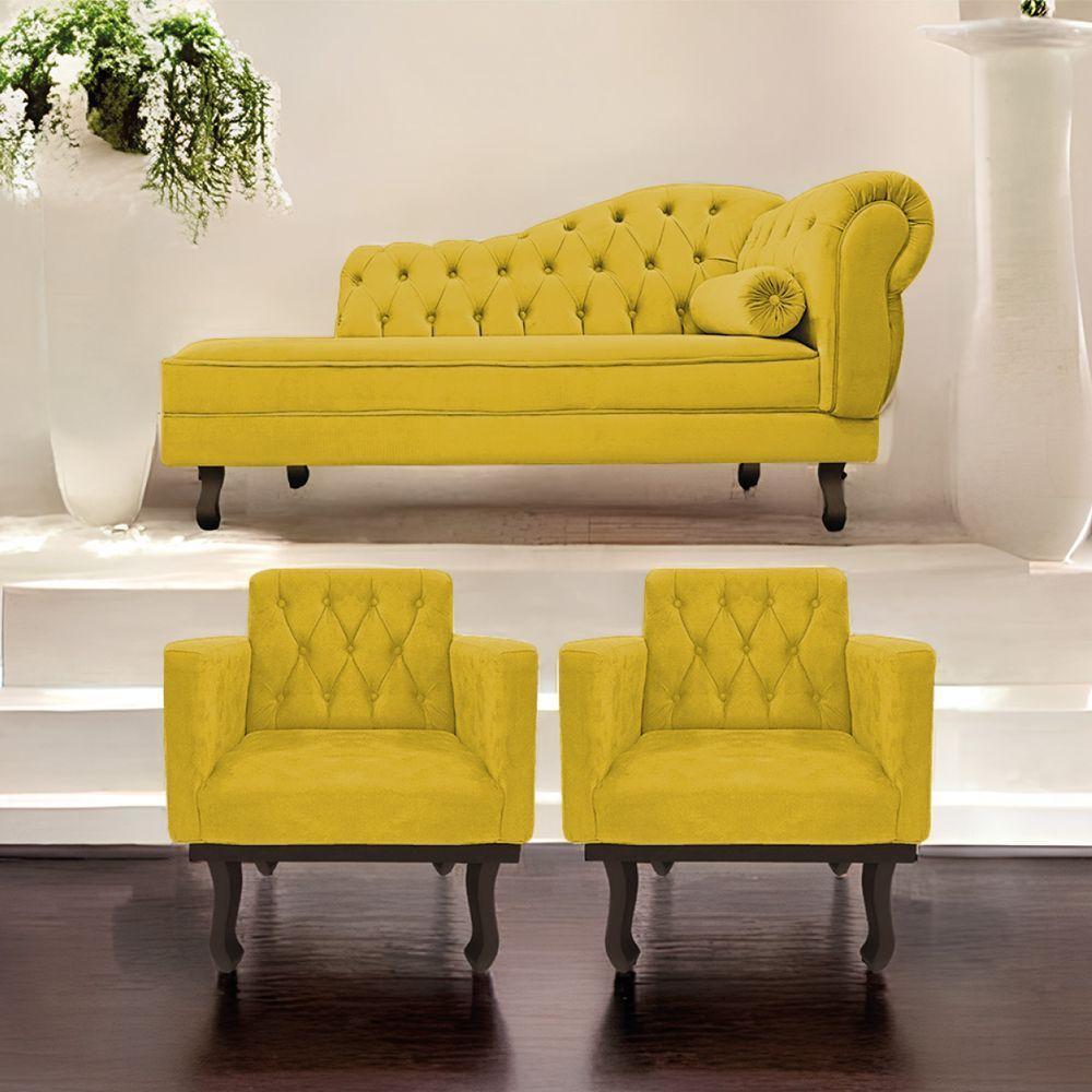 Kit Diva Recamier Diana 140Cm Lado Esquerdo E 02 Poltronas Classic Suede Amarelo - 7