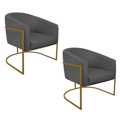 Kit 02 Poltronas Luiza Base De Ferro Dourado Linho - Adj Decor Cor Cinzaescuro