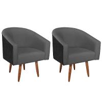 Kit 02 Poltronas Luiza Pés Palito Factor Preto E Linho Cinza Escuro - 2
